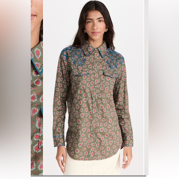 Chic Lightweight Floral Button Down Fique Natalie Shirt - Pom Dot Olive - Picture 8 of 9